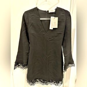 ALC v-neck black mini dress with flower details sleeves and bottom